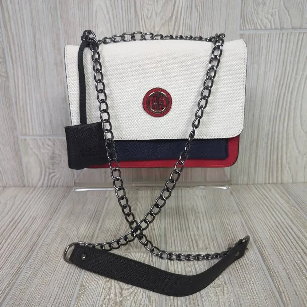 Tommy Hilfiger Classic Colorblock Blue White Red Chain Crossbody Bag Faux Leathe